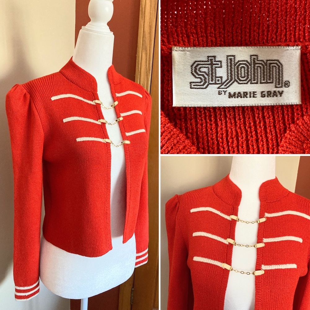Vintage St John by Marie Gray Military Style Red Knit Sweater w/ Enamel Clips S